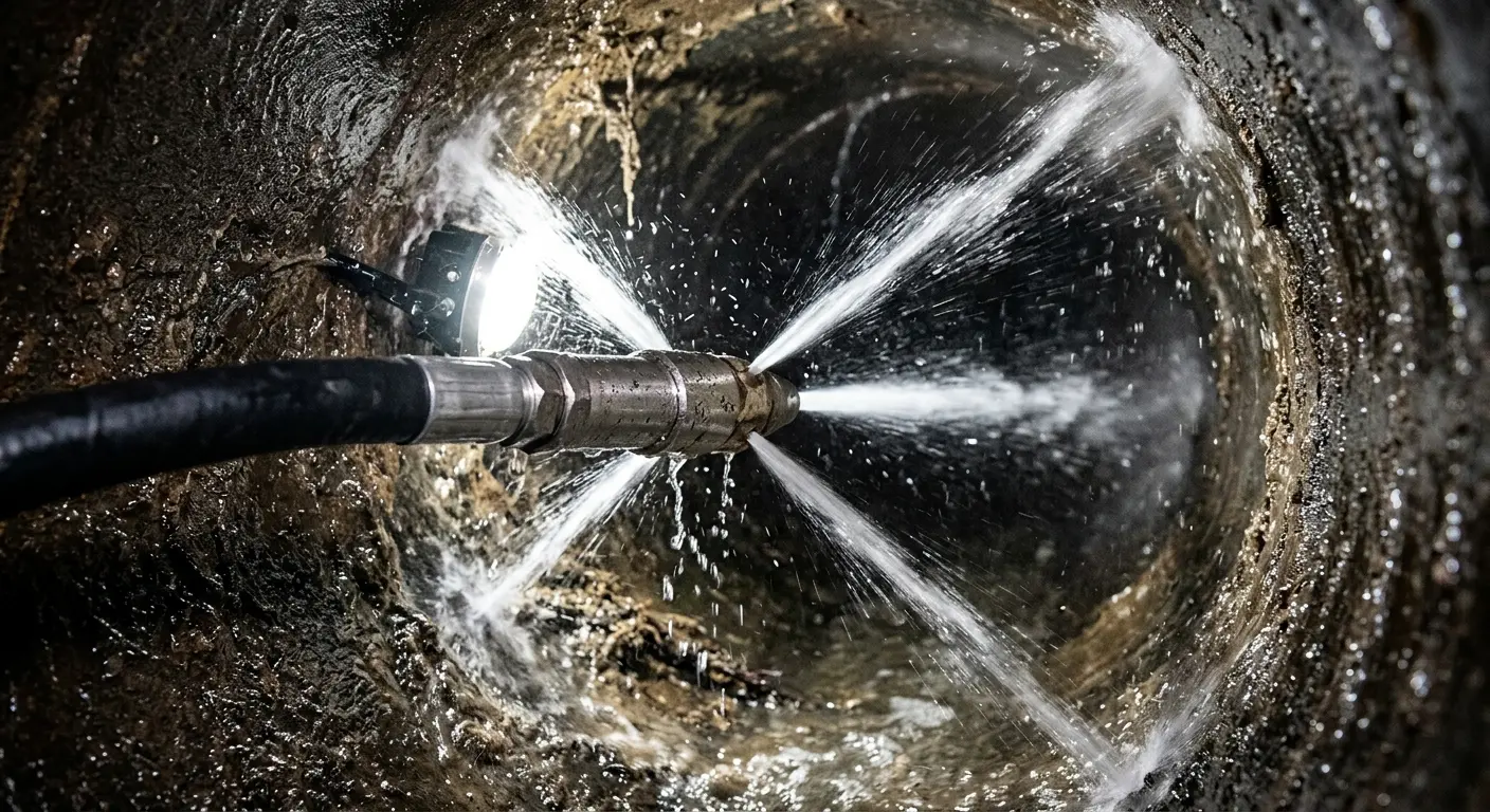 High-pressure hydro jetting nozzle cleaning sewer pipe for Trenchless Sewer Repair in Meridianville
