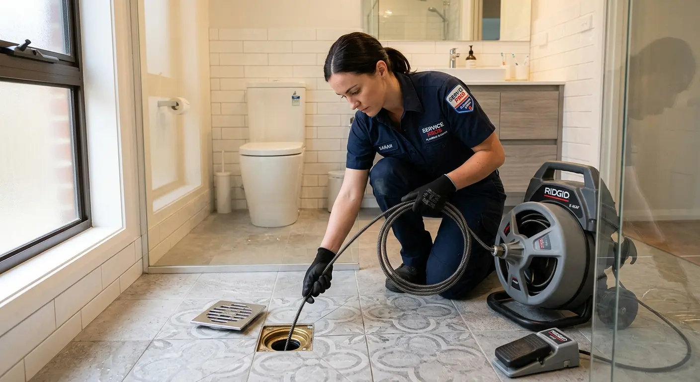 Technician clearing a bathroom floor drain for Drain Repair in Meridianville